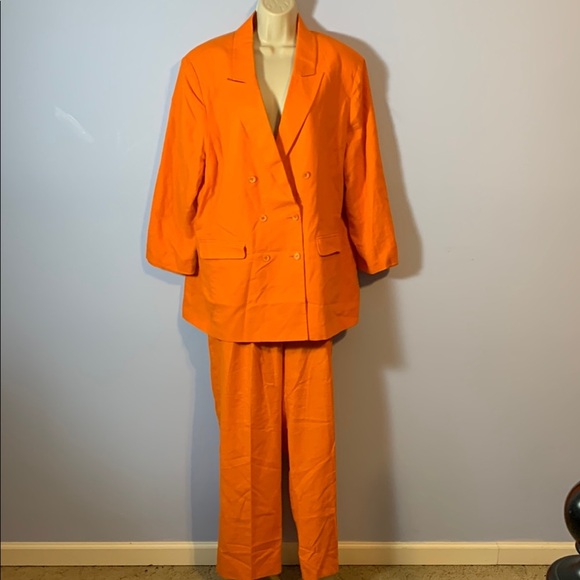 Versailles Vibrant Orange linen blend double breasted Blazer Pant Suit set 18 - Picture 1 of 12